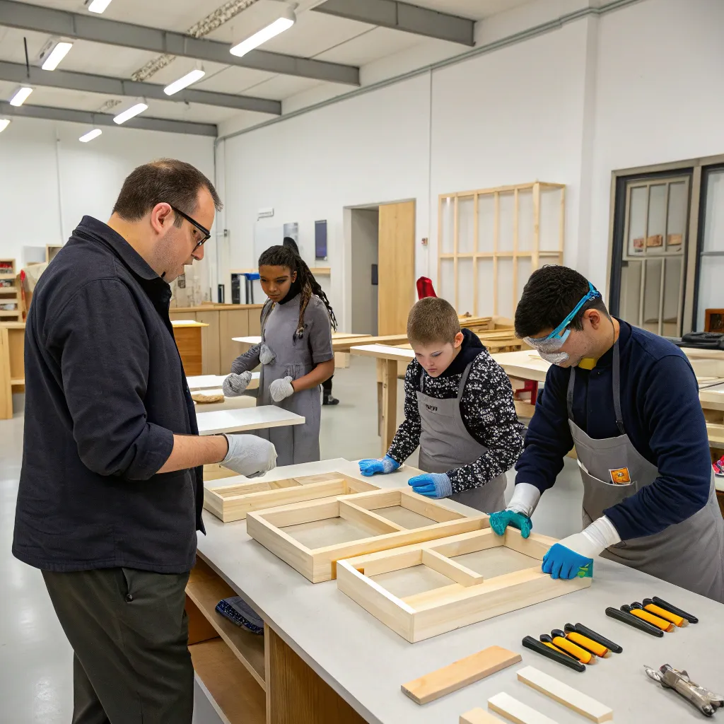 Instructor guiding students in furniture assembly
